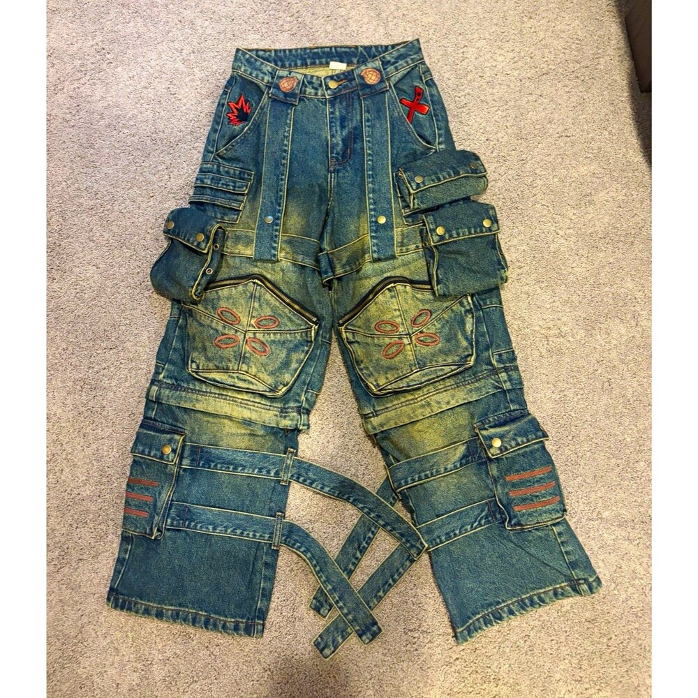 Sora Signature Blue Wide-Leg Denim Cargo Pocket Jeans Waist 28 Inseam 28